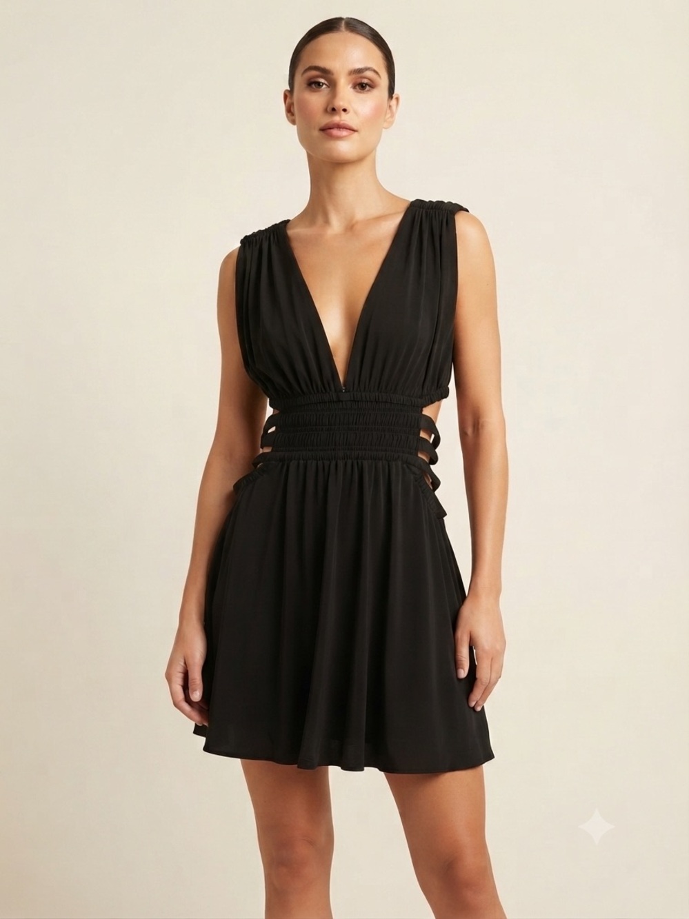 Express Black Plunge V-Neck Cutout Waist Fit & Flare Short Dress Size Large